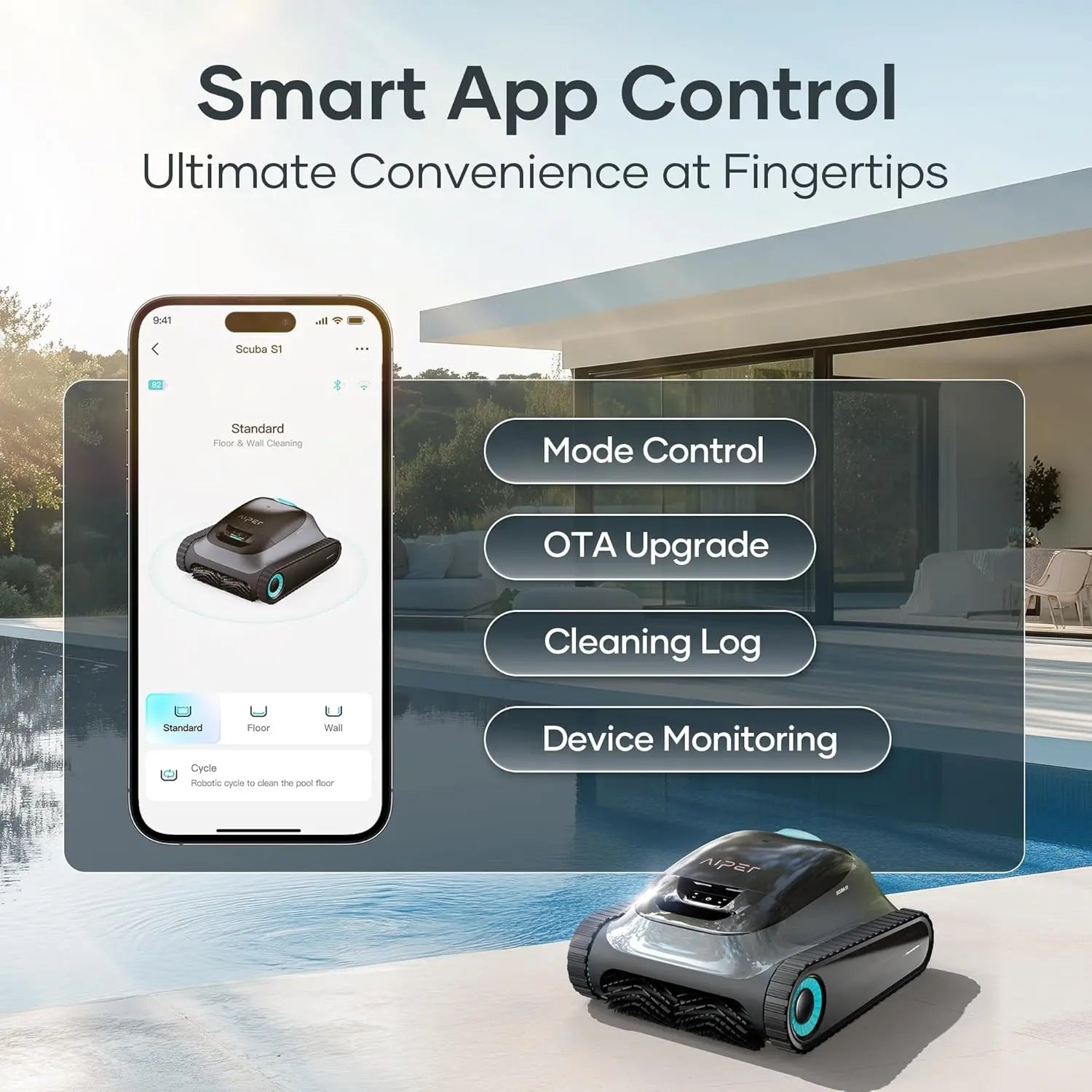Aiper Scuba Upgrade Robotic Pool Cleaner, Wall & Waterline Cleaning, Pool Vacuum, Double Filtration, Extended 180-Min Battery Life, Smart Navigation, App Support, OTA Upgrade #Smartliving