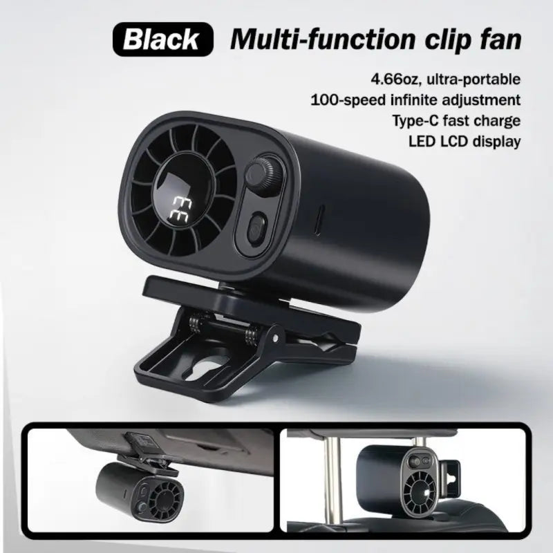 Car Clip-On Fan with LED Display, 360° Rotation, Stepless Speed Adjustment, USB Rechargeable 1800Mah Battery, Personal Portable Cooling Fan, Button Control