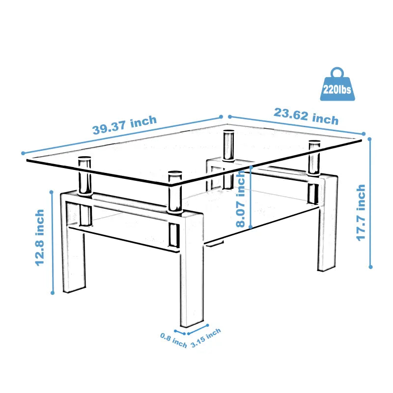 【Bellemave】Rectangle Black Glass Coffee Table, Clear Coffee Table,Modern Side Center Tables for Living Room,Living Room Furniture