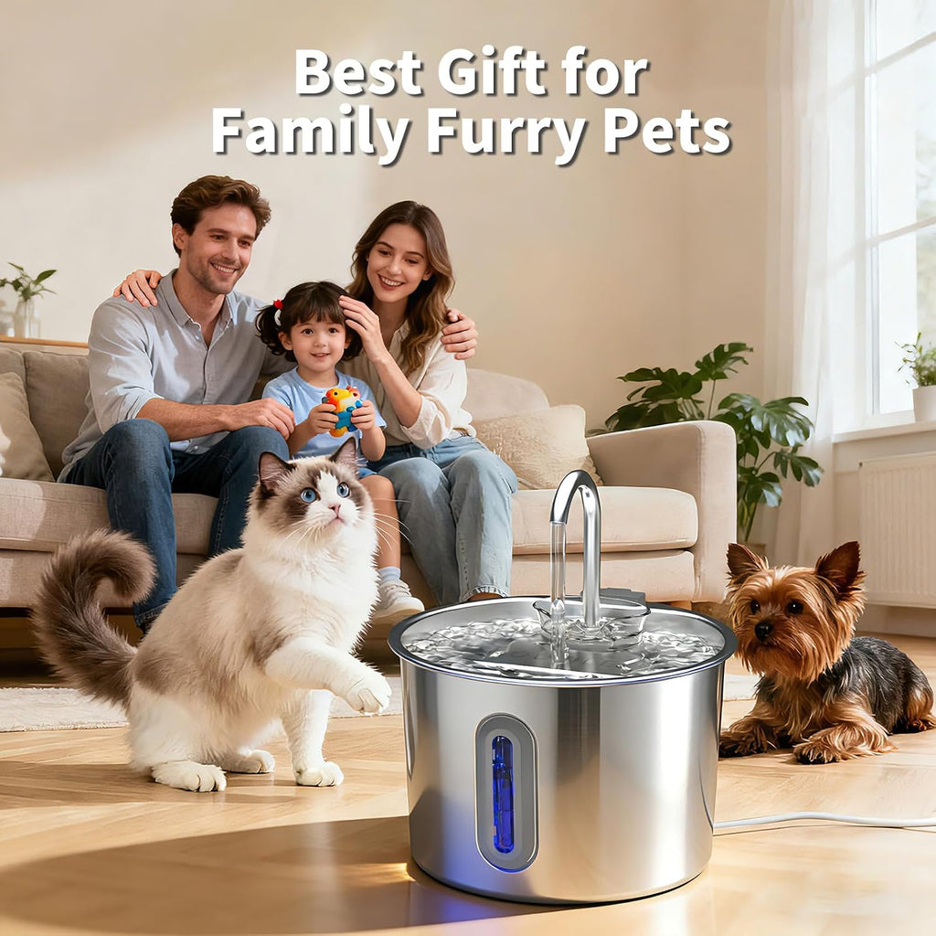 Stainless Steel Cat Fountain - 2.2L/74Oz Ultra-Quiet Drinking Automatic Pet Water Fountain with Replacement Filters Cat Water Fountain with LED Window for Cats and Small Dogs