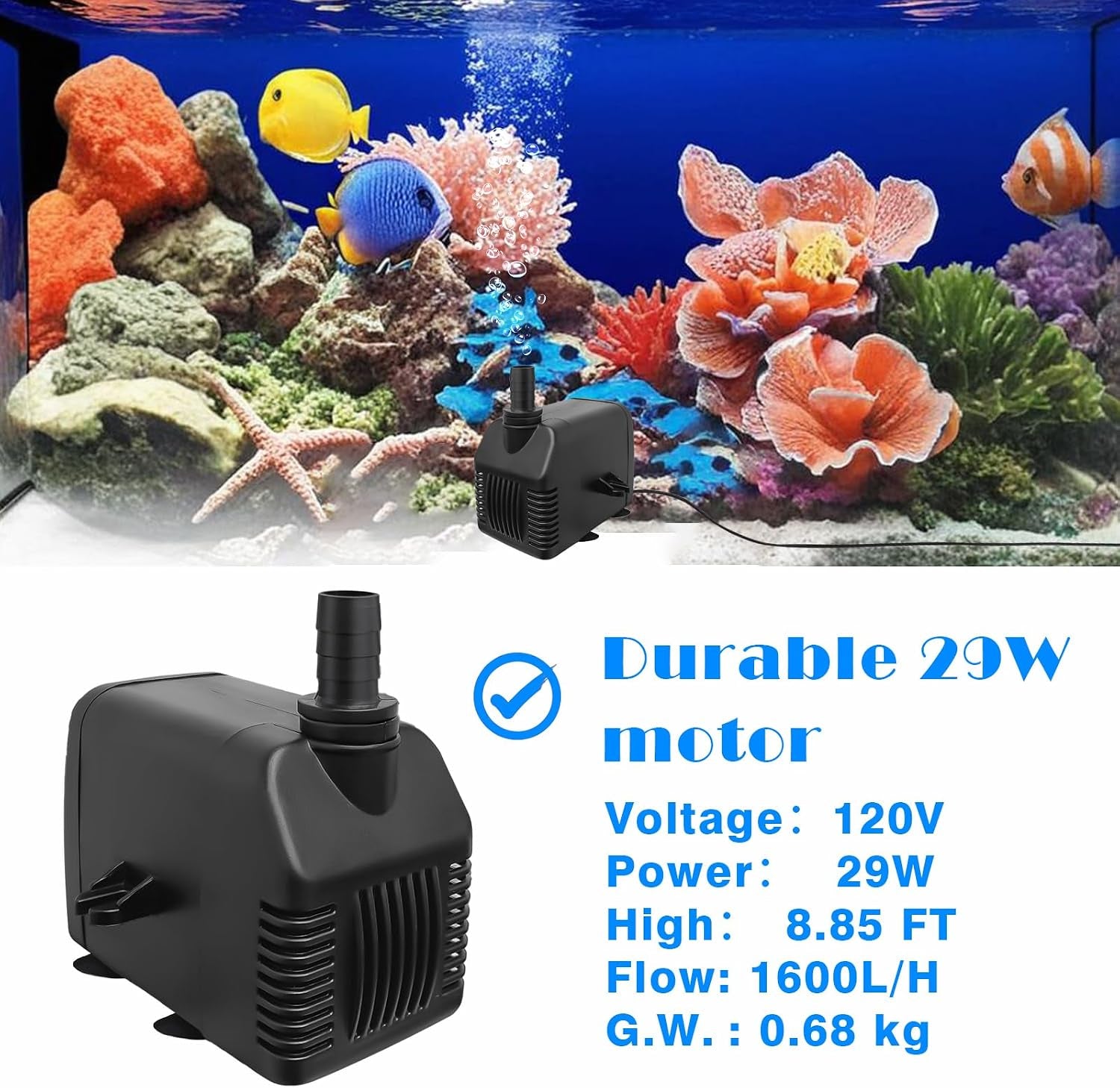 Pump 800GPH Ultra Quiet with Dry Burning Protection 8.8Ft High Lift for Fountains, Hydroponics, Ponds, Aquariums (800GPH,24W)
