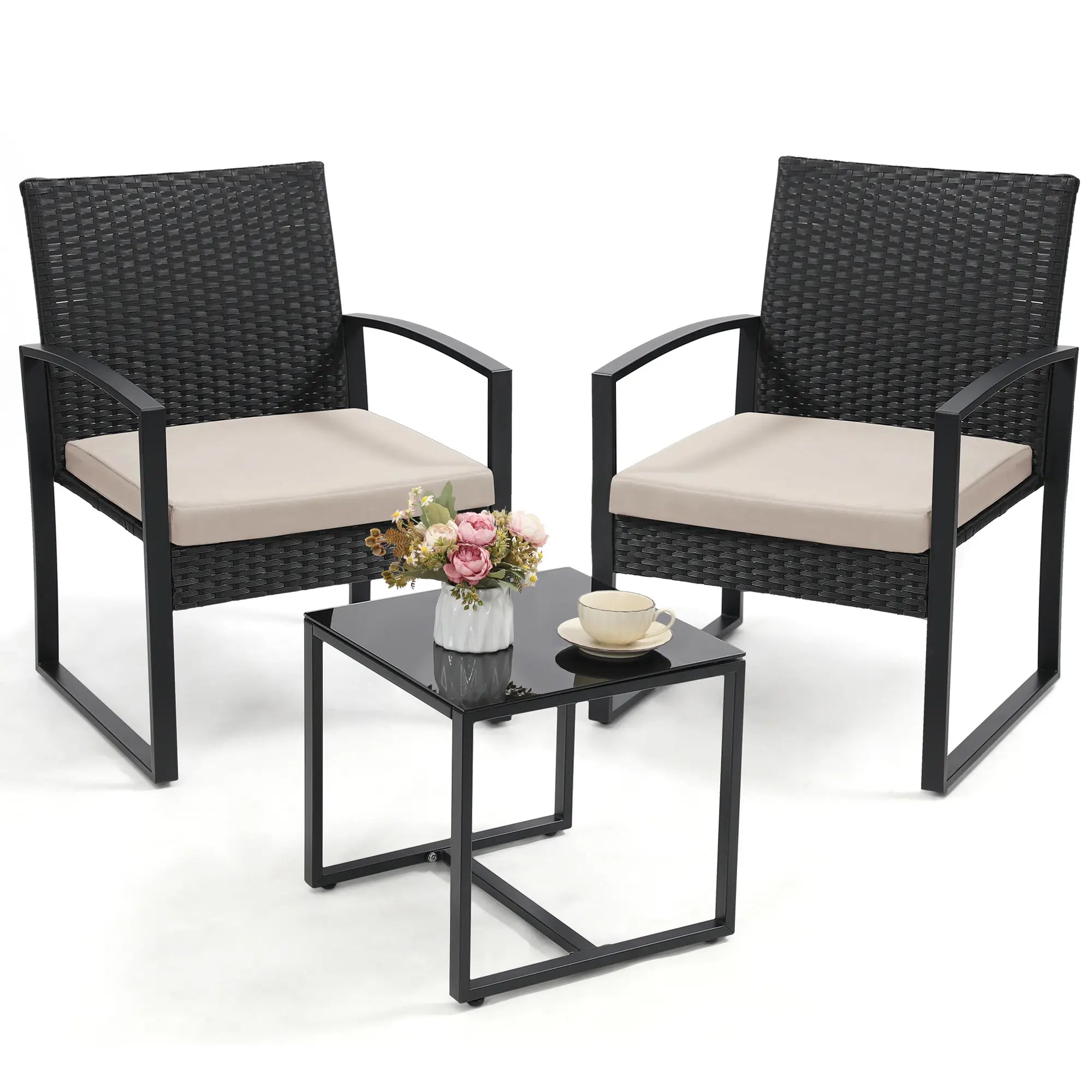 MURAGO 3-Piece Outdoor Furniture Set, Patio Bistro Set with Waterproof Wicker Chairs, Glass Table & Cushions for Garden, Balcony Clearance, Patio Furniture Set Summergarden