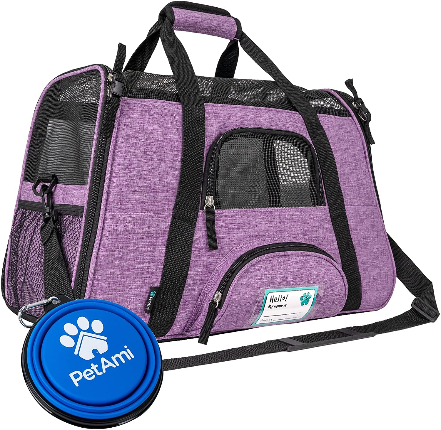 Airline Approved Pet Carrier for Cats & Small Dogs, Soft Sided TSA Travel Carrier Bag with Sherpa Bed, Breathable Mesh Ventilation, Collapsible Bowl, up to 18 Lbs, Large Heather Purple