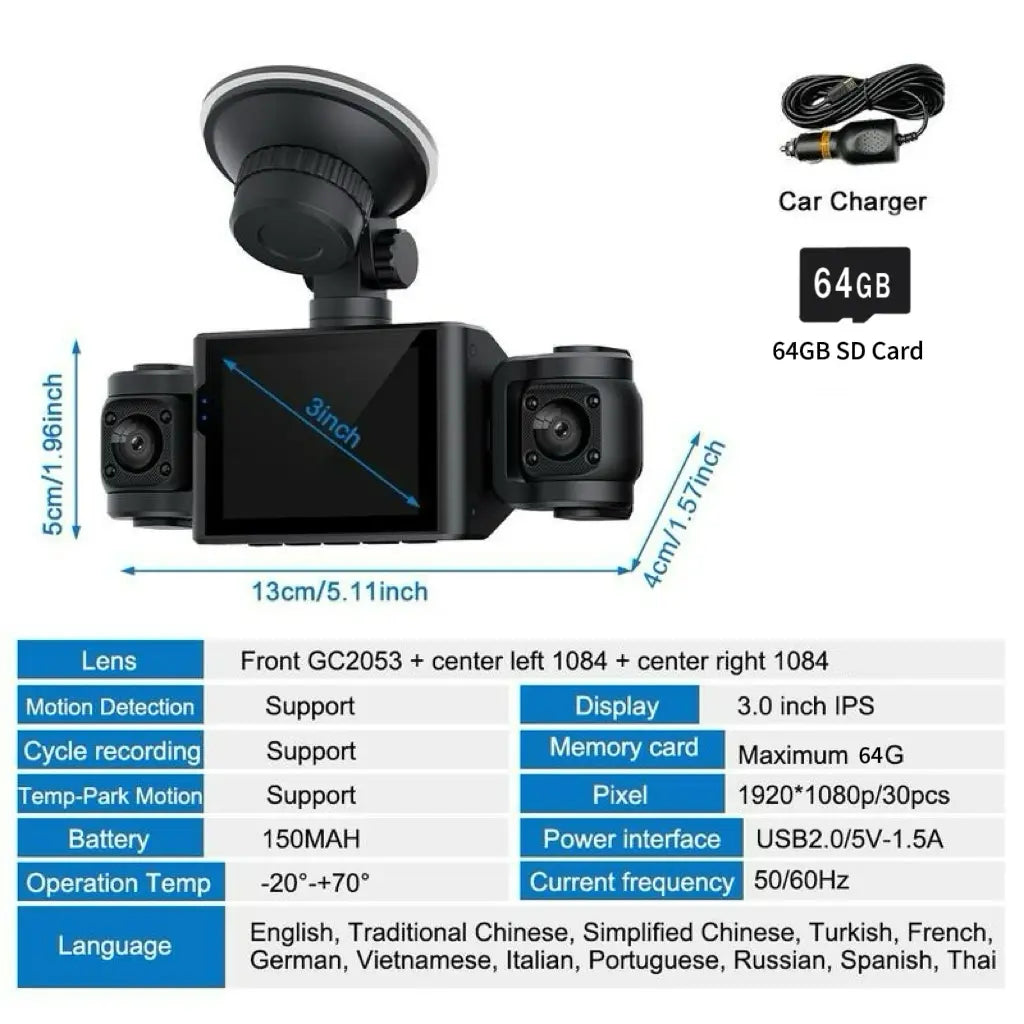 4-Channel 360° Dash Camera with 1080P Resolution, Night Vision, 24-Hour Parking Mode, and 64GB Memory Card - Front, Rear, and Interior Automotive Video Recorder