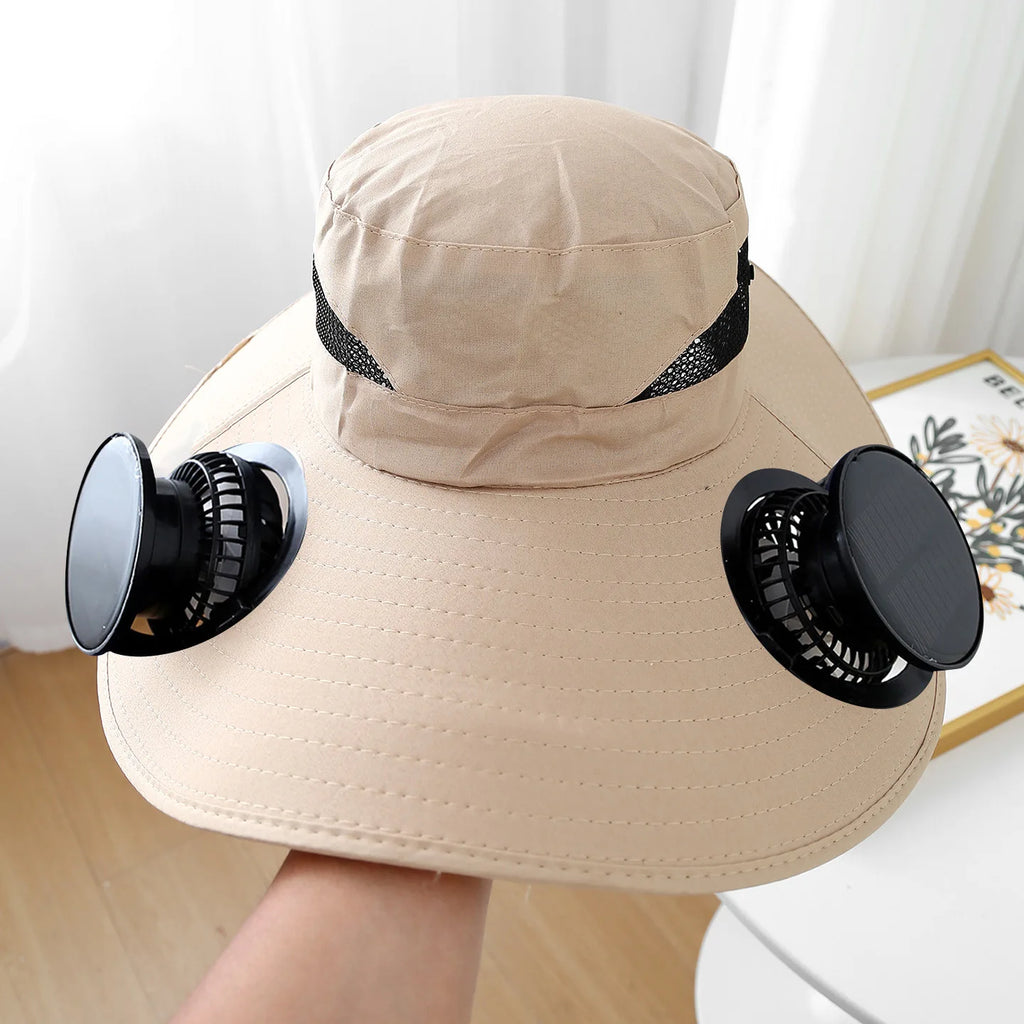 Outdoor Summer Sun Hat with 2 Fan Large Brim Windproof Strap Solar or USB Charging anti UV Sun Fishing Cap
