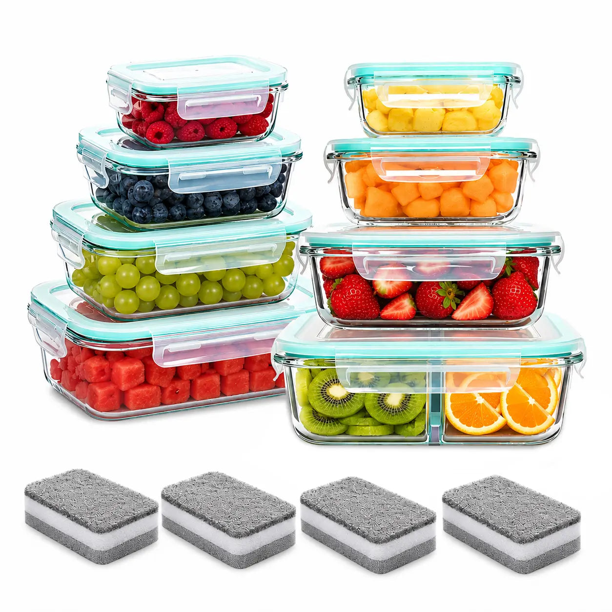 8-Piece Premium Glass Meal Prep Container Set with Dividers, Bpa-Free 4-Side Locking Lids, Stackable Food Storage Containers for Lunch, Leftovers and Refrigerator Organization Microwave Safe Oven Safe Dishwasher Safe