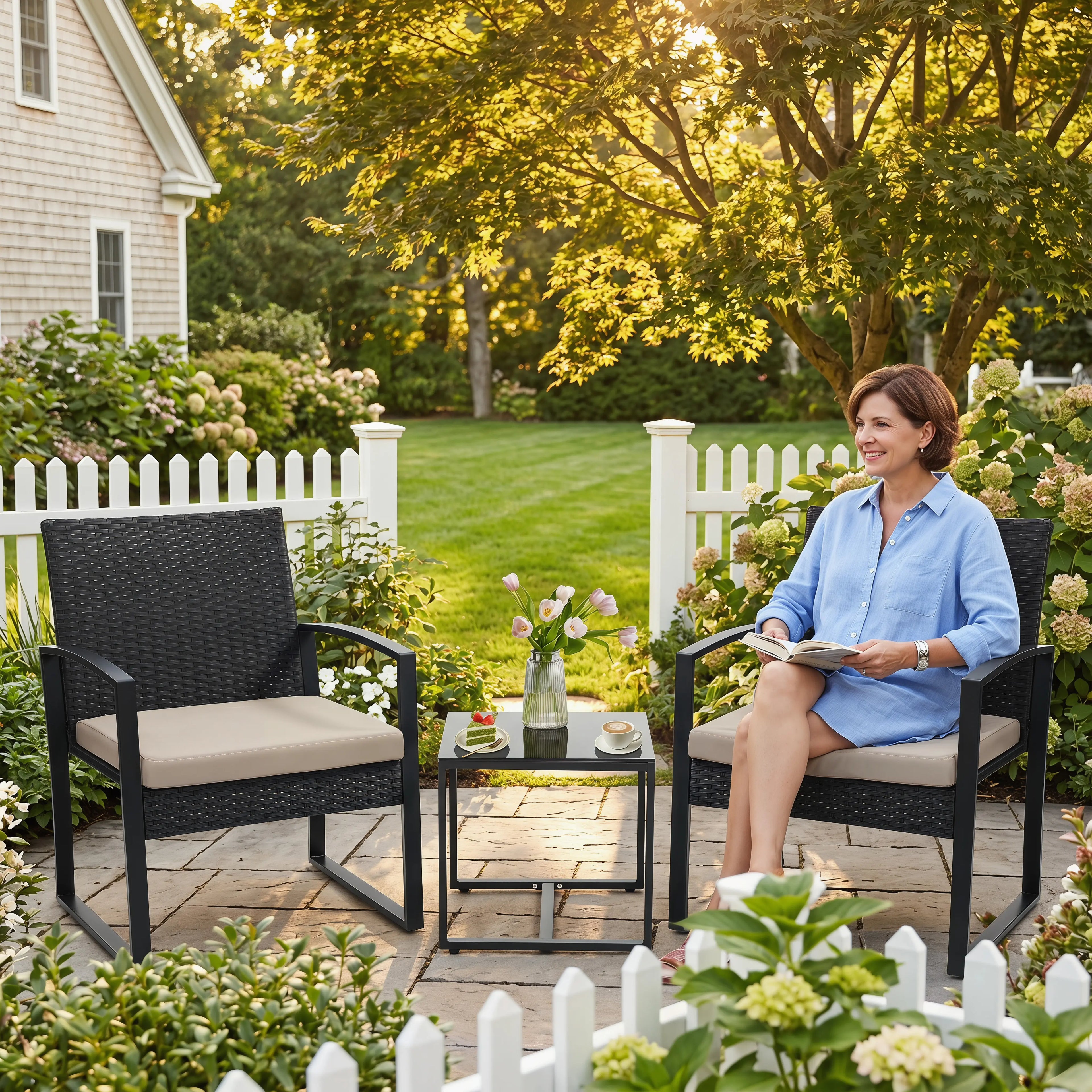 MURAGO 3-Piece Outdoor Furniture Set, Patio Bistro Set with Waterproof Wicker Chairs, Glass Table & Cushions for Garden, Balcony Clearance, Patio Furniture Set Summergarden