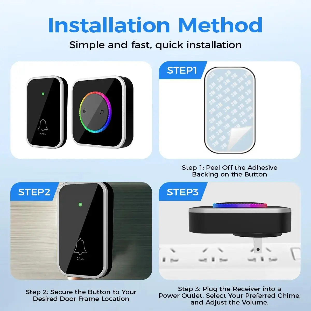 Wireless Doorbell Camera Alternative, Smart Doorbell Chime Kit with 1000Ft Long Range, Waterproof Easy Install Door Bell for Home Apartment Office, 45 Chimes Adjustable Volume Colorful LED Black Home Essentials