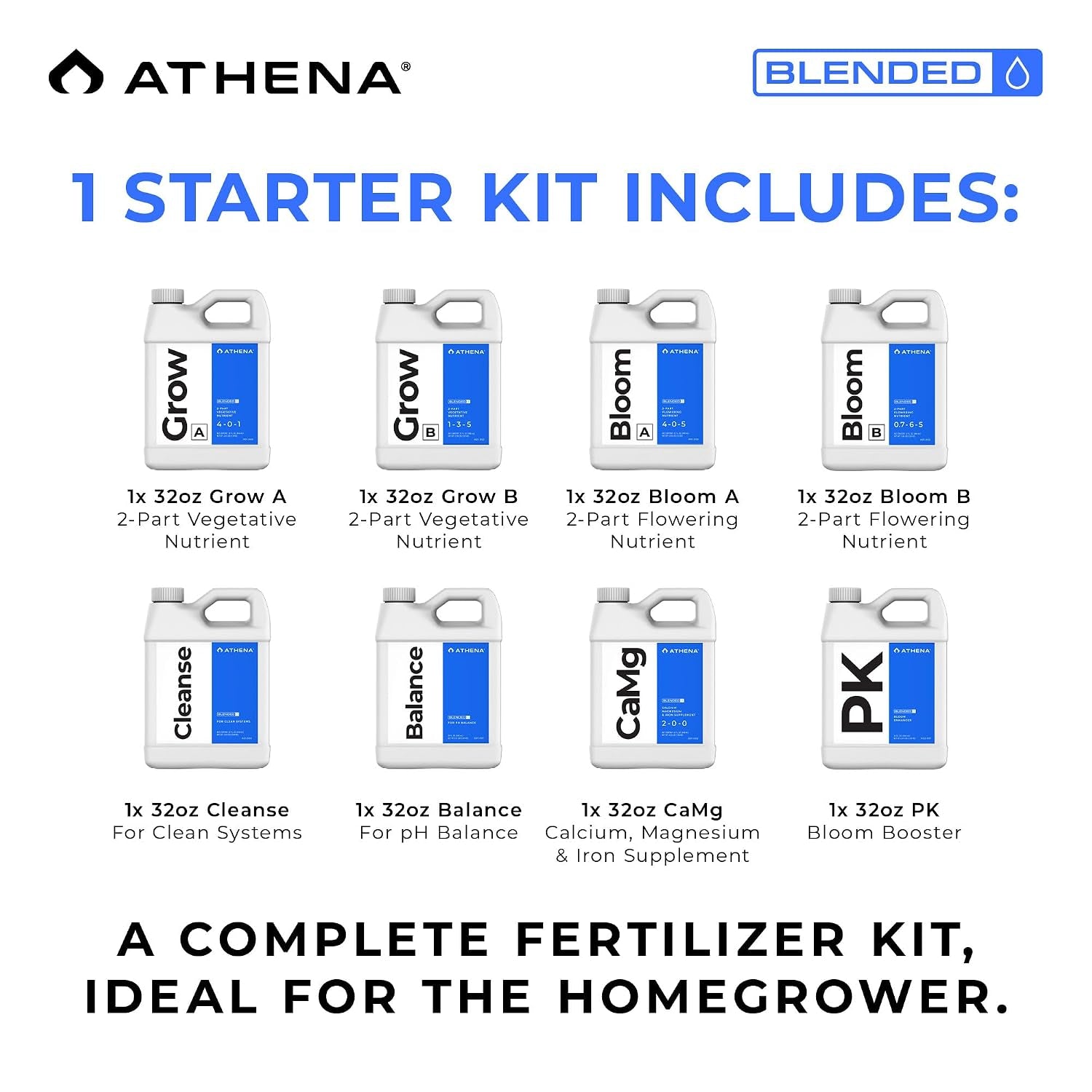 Blended Line Complete Nutrient Kit | 8-Part Hydroponic Fertilizer System | Grow A&B, Bloom A&B, PK, Camg, Balance, Cleanse | Liquid Plant Food for Veg & Flowering | 32 Ounce