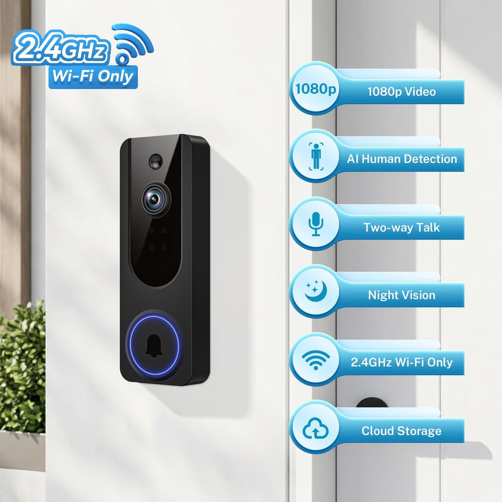 1080P Video Doorbell Camera Wireless, Battery Powered, Night Vision, 2-Way Audio, Smart AI Human Detection, Cloud Storage, Home Security Doorbell