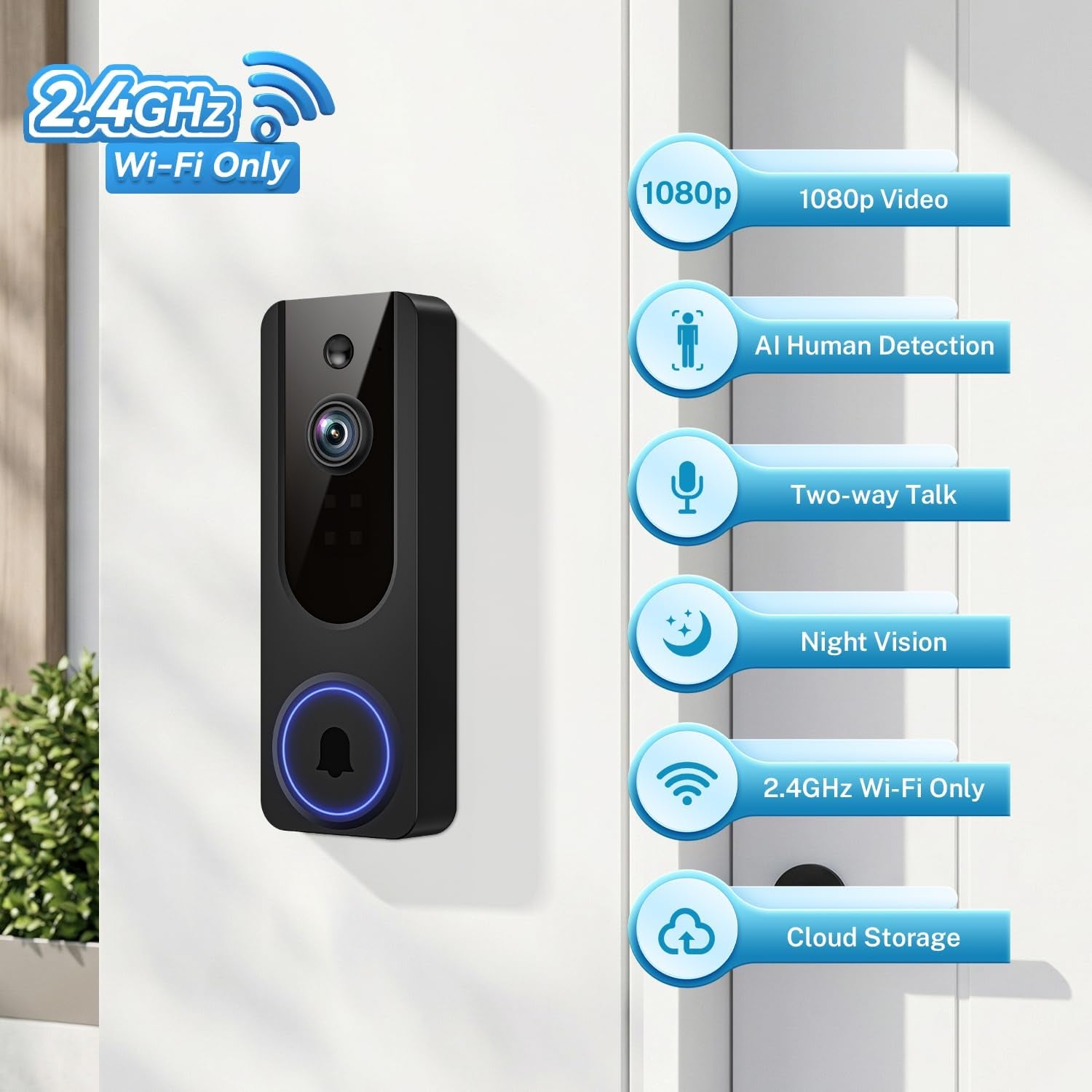 1080P Video Doorbell Camera Wireless, Battery Powered, Night Vision, 2-Way Audio, Smart AI Human Detection, Cloud Storage, Home Security Doorbell