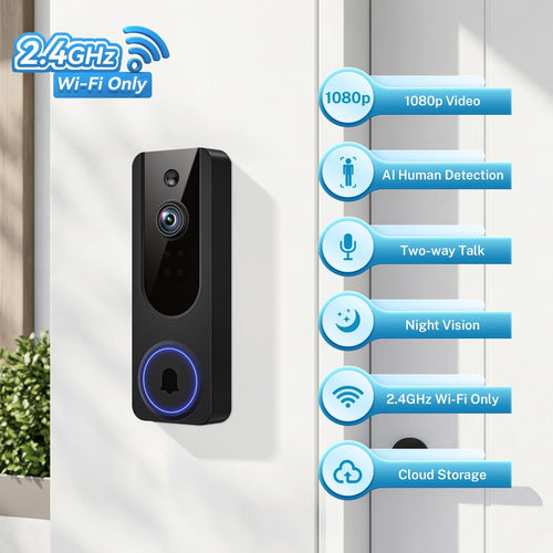 1080P Video Doorbell Camera Wireless, Battery Powered, Night Vision, 2-Way Audio, Smart AI Human Detection, Cloud Storage, Home Security Doorbell