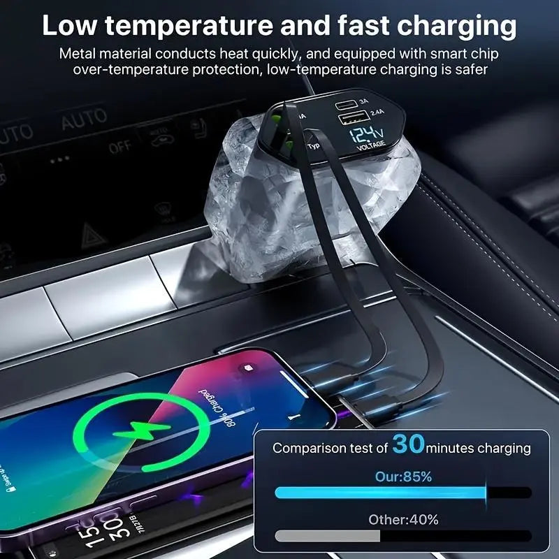 【Summer Survivals】Joytutus 2026 120W Retractable 4-In-1 Car Charging Cable & 4-Port Adapter for Iphone Galaxy Pixel Safe Reliable Car Plug Carcharger with Dual Type-C Cables and Ultra-Fast Charging for Laptops