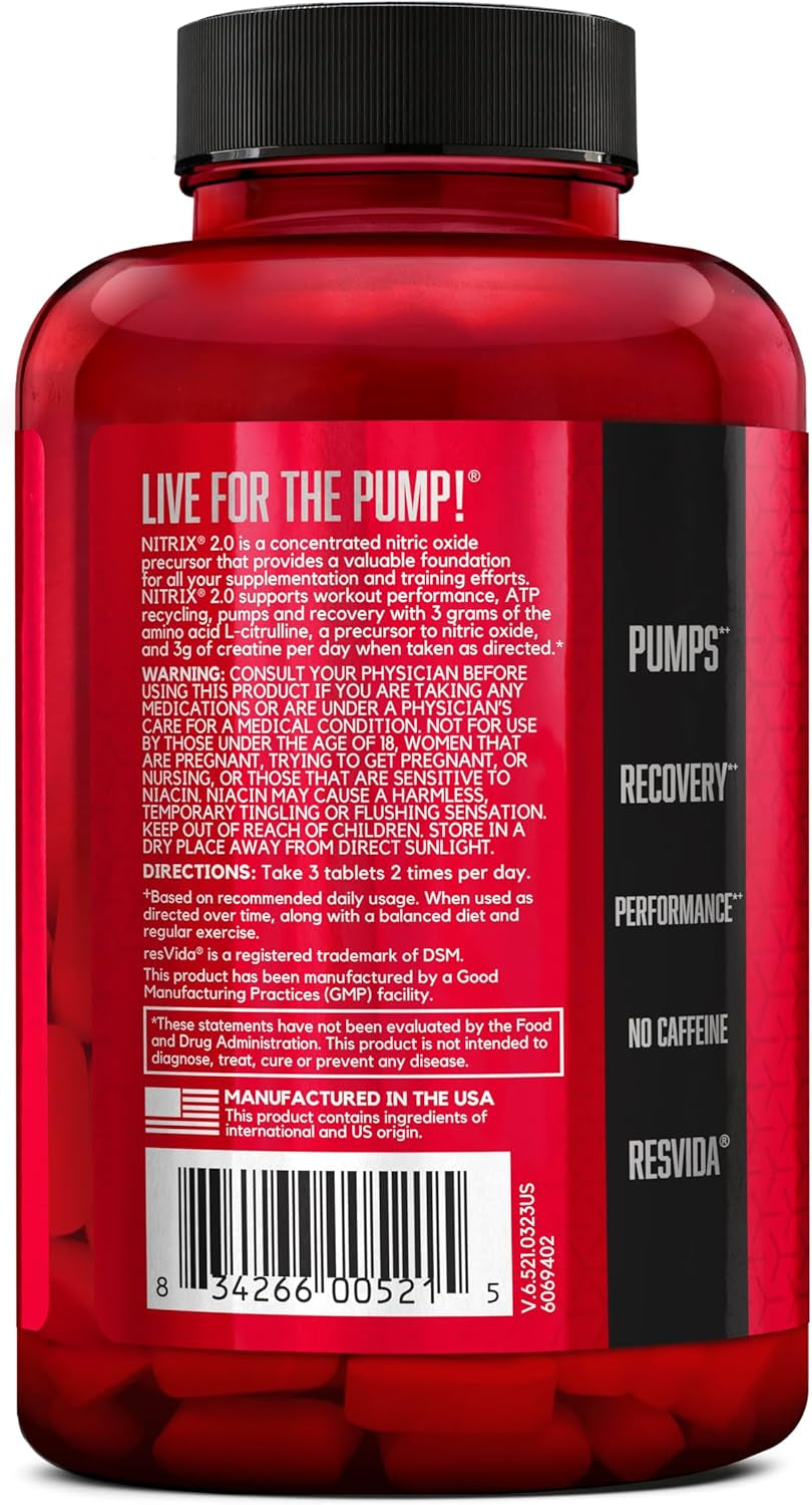 NITRIX 2.0, Workout Supplement, Nitric Oxide Precursors, 3G Creatine, 3G L Citrulline, L-Citrulline, Supports Workout Performance, Pumps, Muscle Recovery and Endurance, 180 Tablets, 60 Servings