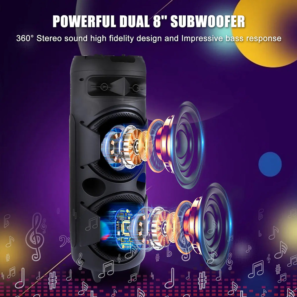 Portable Wireless Bluetooth Speaker Daul 8 Inch Subwoofer Indoor Outdoor Party Sound Box with Microphone Remote Control AUX FM LED
