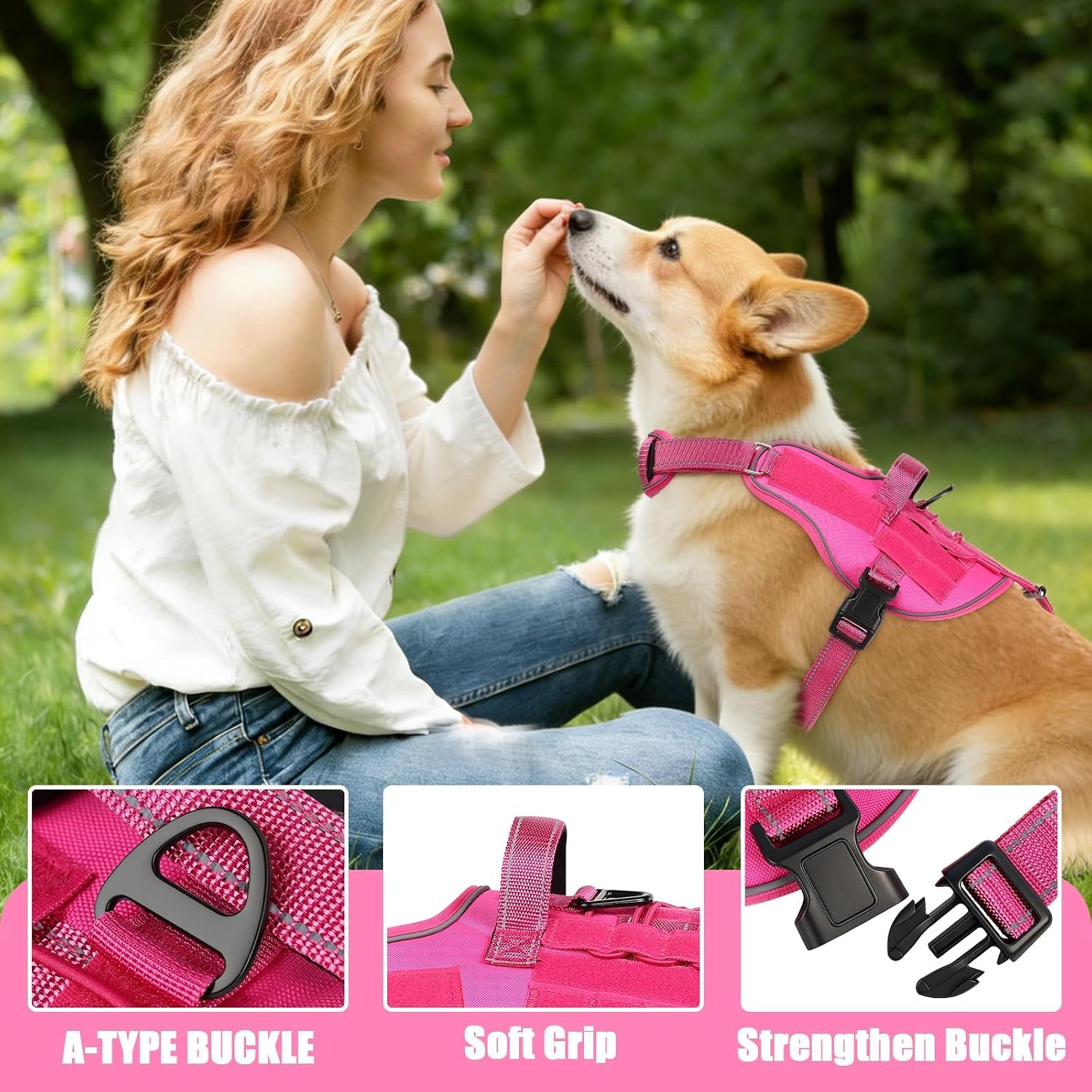 Service Dog Vest, No Pull Dog Harness Small Medium Sized Dog, Service Dog Harnesses and Leash Set, Reflective Easy Walk Dog Vest Harness with Handle, Service Animal Vest for Dogs(Pink, M)
