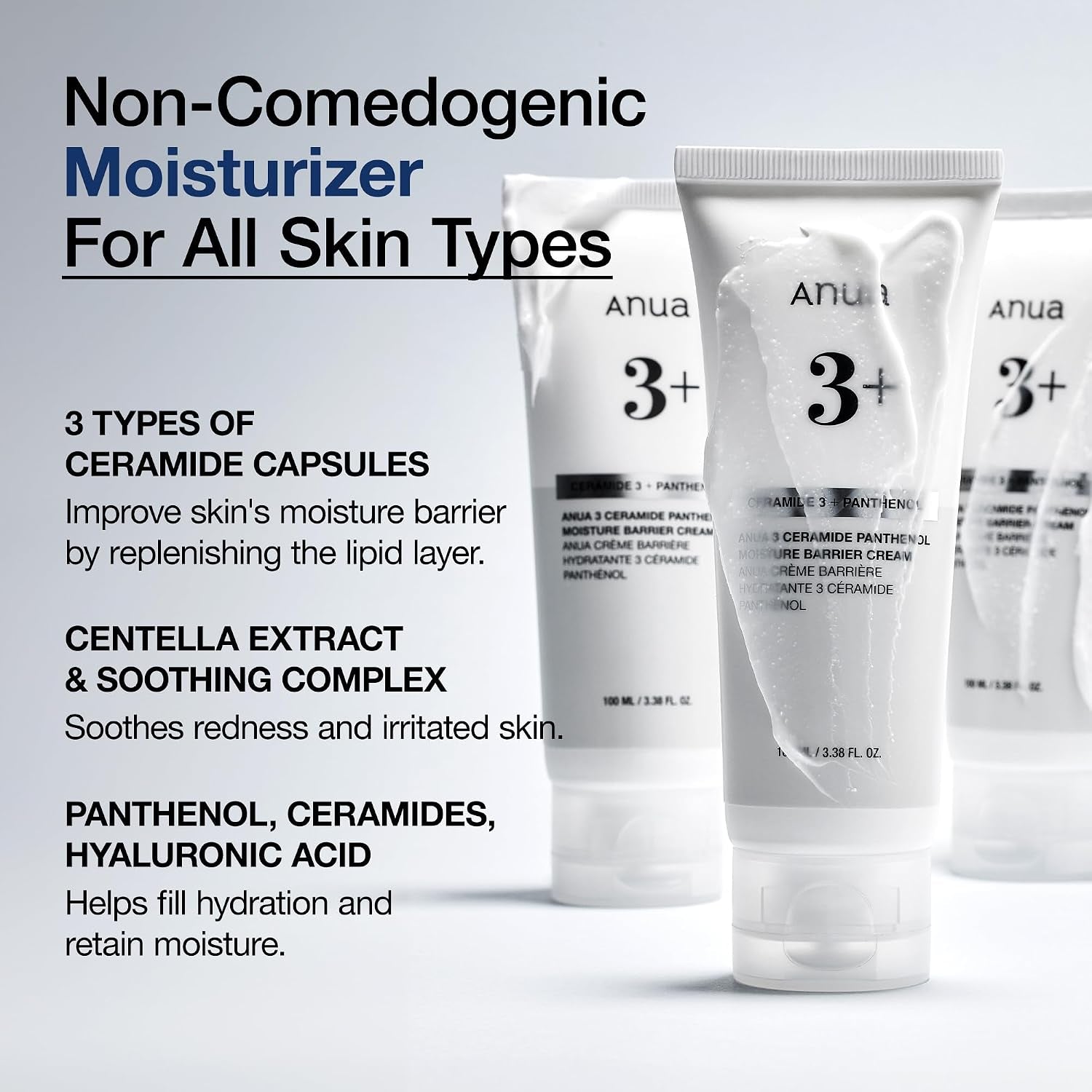 3 Ceramide Panthenol Moisture Barrier Cream, Hydrating Daily Face Moisturizer for All Skin Types, Soothing, Non Comedogenic, with Centella for Skin Barrier, Korean Skincare, 3.38 Fl Oz.