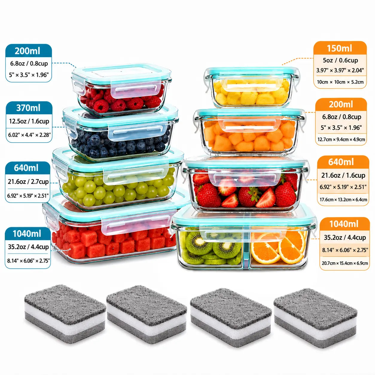 8-Piece Premium Glass Meal Prep Container Set with Dividers, Bpa-Free 4-Side Locking Lids, Stackable Food Storage Containers for Lunch, Leftovers and Refrigerator Organization Microwave Safe Oven Safe Dishwasher Safe