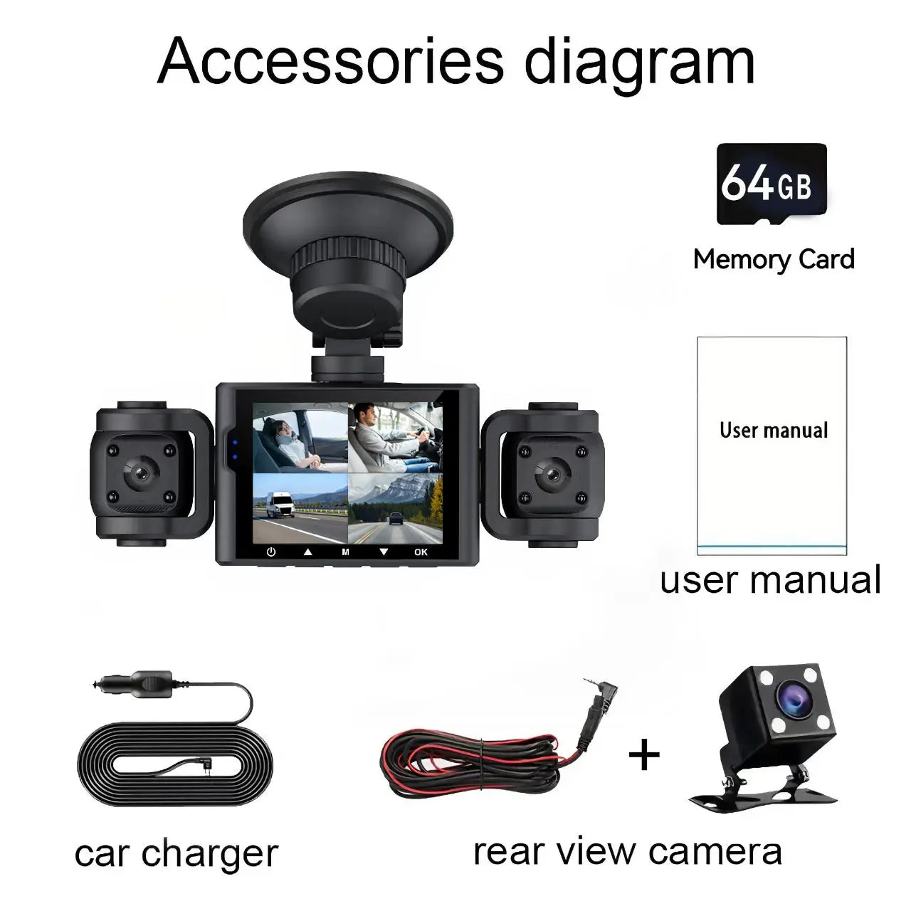 4-Channel 360° Dash Camera with 1080P Resolution, Night Vision, 24-Hour Parking Mode, and 64GB Memory Card - Front, Rear, and Interior Automotive Video Recorder