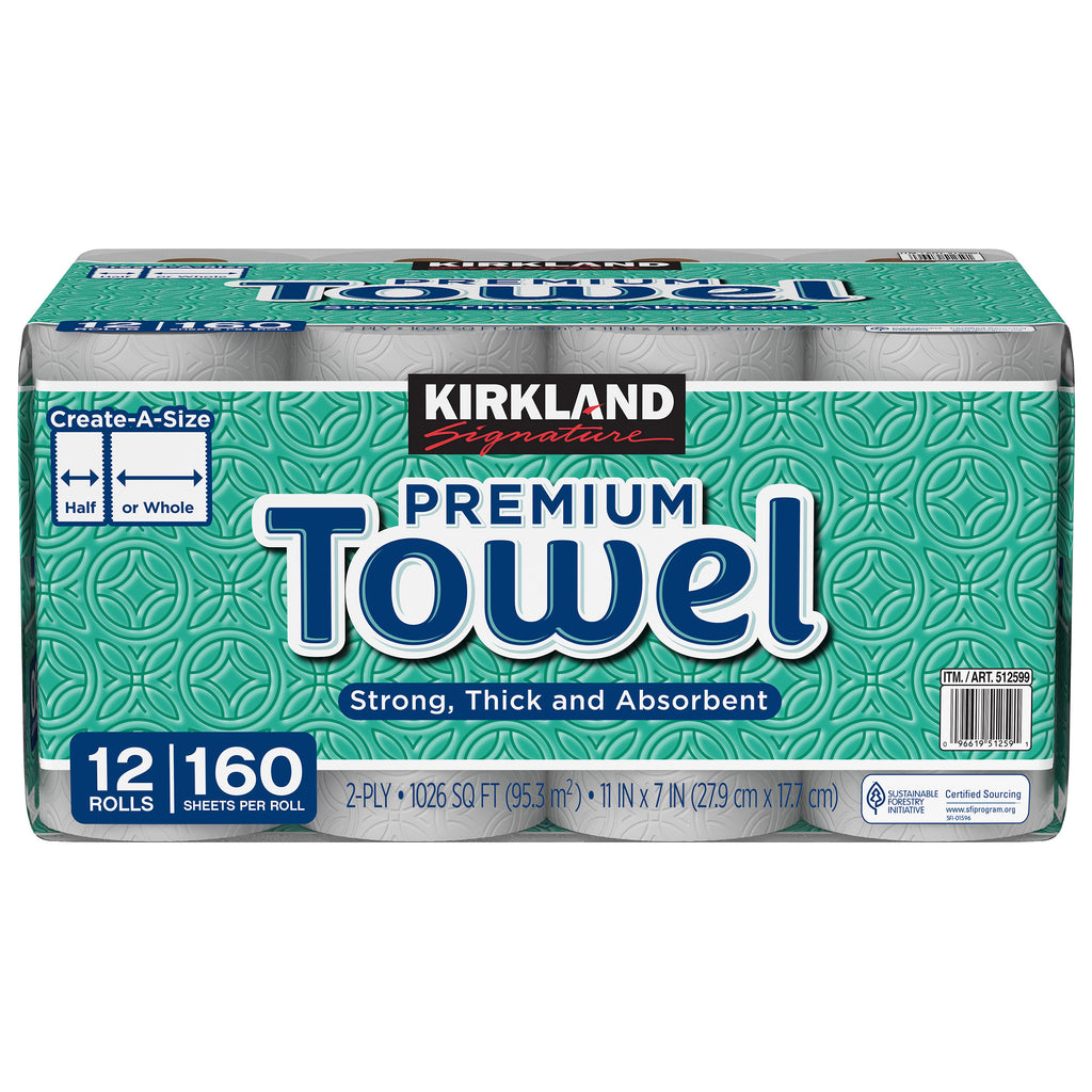 Kirkland Signature Paper Towels, 2-Ply, 160 Sheets, 12 Individually Wrapped Rolls