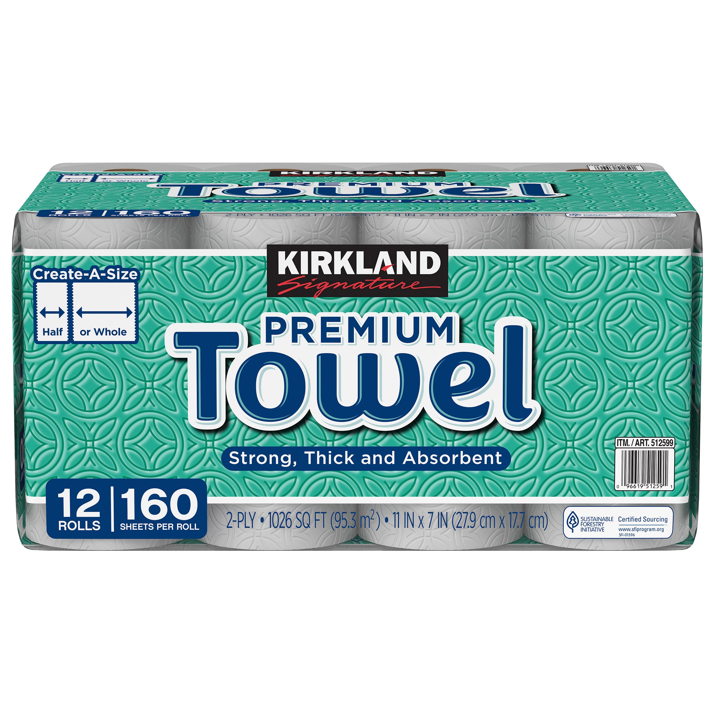 Kirkland Signature Paper Towels, 2-Ply, 160 Sheets, 12 Individually Wrapped Rolls