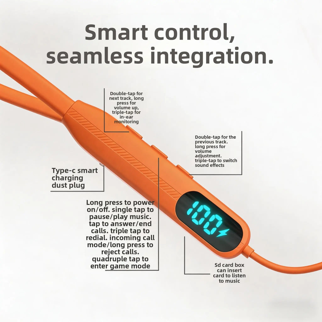 Orange Neckband Wireless Earbuds - IPX4 Sweatproof Silicone In-Ear Audio Headphones, Hi-Fi Sound, LED Battery Display, Magnetic Connection, Cable Management, ENC Noise Cancellation, Smart Voice Assistant for Sports & Hands-Free Calls, Electronic Headset,F