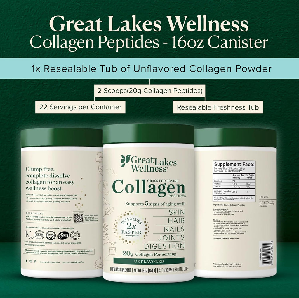Great Lakes Wellness Collagen Peptides Powder – Supports Skin, Hair, Nails, Joints & Digestion – Hydrolyzed, Non-Gmo, Keto & Kosher – Pure Collagen Protein (16 Oz, 22 Servings) Packaging May Vary