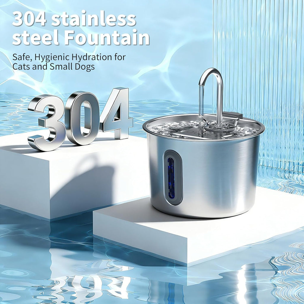 Stainless Steel Cat Fountain - 2.2L/74Oz Ultra-Quiet Drinking Automatic Pet Water Fountain with Replacement Filters Cat Water Fountain with LED Window for Cats and Small Dogs