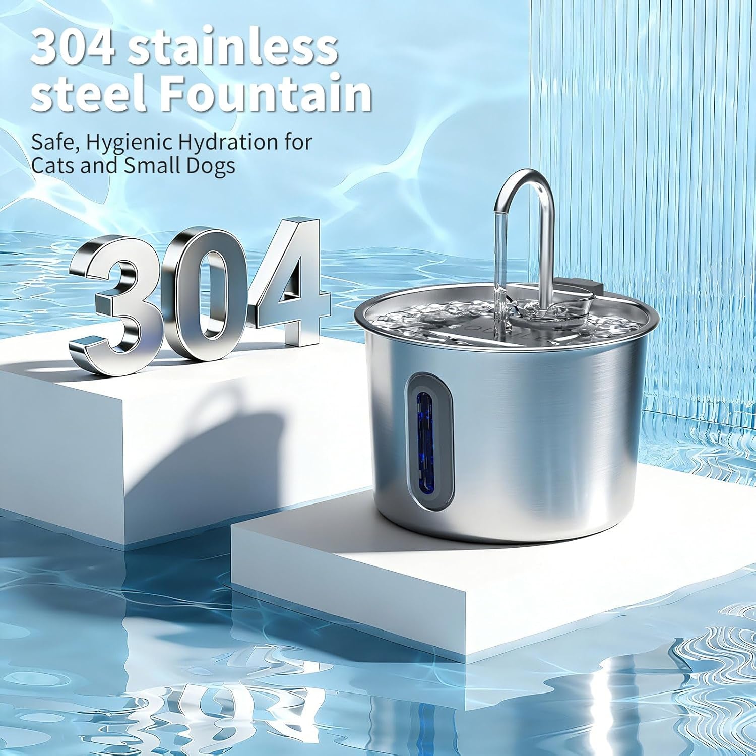 Stainless Steel Cat Fountain - 2.2L/74Oz Ultra-Quiet Drinking Automatic Pet Water Fountain with Replacement Filters Cat Water Fountain with LED Window for Cats and Small Dogs