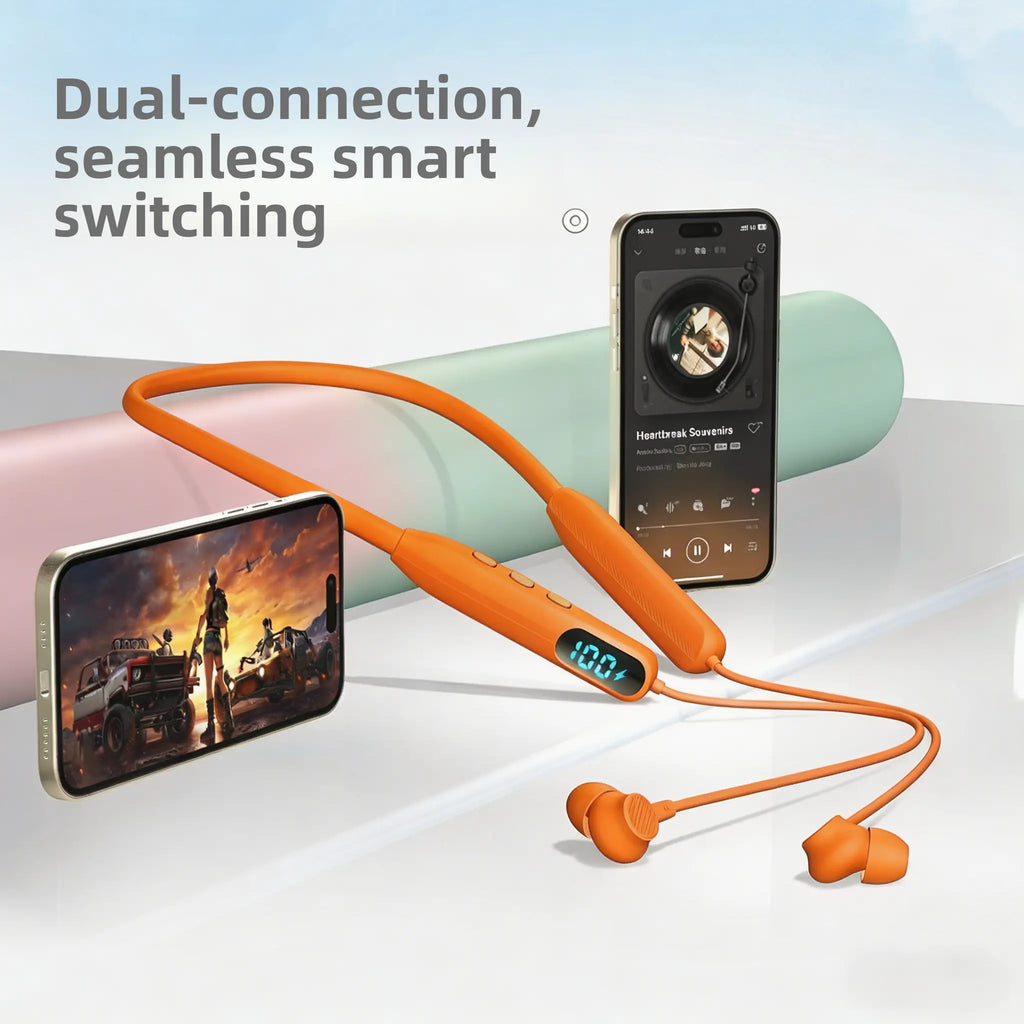 Orange Neckband Wireless Earbuds - IPX4 Sweatproof Silicone In-Ear Audio Headphones, Hi-Fi Sound, LED Battery Display, Magnetic Connection, Cable Management, ENC Noise Cancellation, Smart Voice Assistant for Sports & Hands-Free Calls, Electronic Headset,F