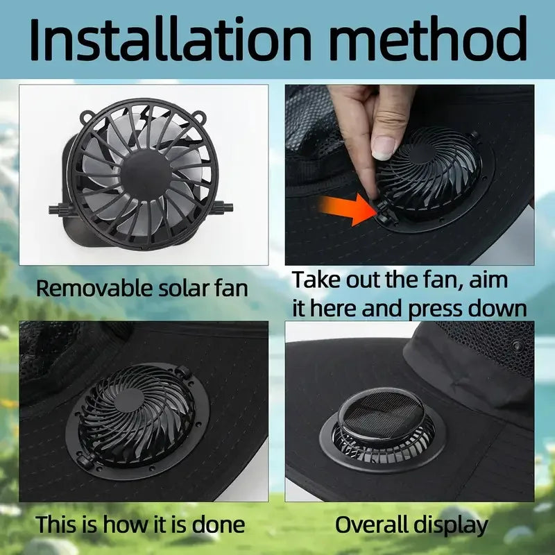 Outdoor Summer Sun Hat with 2 Fan Large Brim Windproof Strap Solar or USB Charging anti UV Sun Fishing Cap