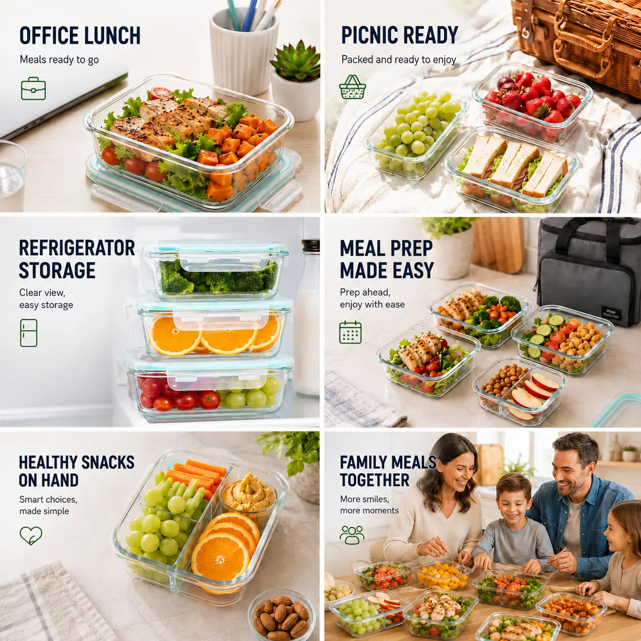8-Piece Premium Glass Meal Prep Container Set with Dividers, Bpa-Free 4-Side Locking Lids, Stackable Food Storage Containers for Lunch, Leftovers and Refrigerator Organization Microwave Safe Oven Safe Dishwasher Safe