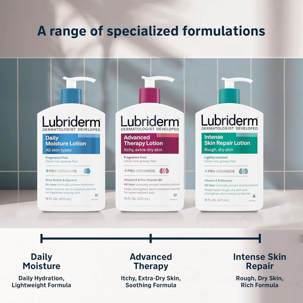 Lubriderm Daily Moisture Lotion + Pro-Ceramide, Shea Butter & Glycerin, Hydrating Face, Hand & Body Lotion, 24-Hour Moisturizer for Dry Skin, Paraben & Dye Free, Scented, Non-Greasy 24 FL OZ Pack of 3