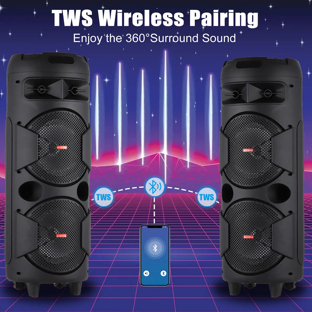 Portable Wireless Bluetooth Speaker Daul 8 Inch Subwoofer Indoor Outdoor Party Sound Box with Microphone Remote Control AUX FM LED
