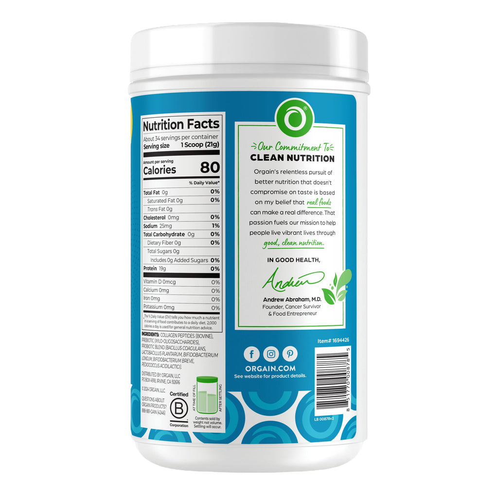 Orgain Collagen Peptides + Probiotics, Unflavored, 1.6 Lbs