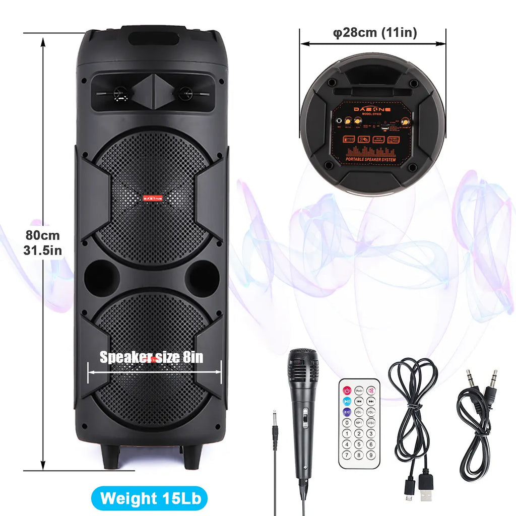 Portable Wireless Bluetooth Speaker Daul 8 Inch Subwoofer Indoor Outdoor Party Sound Box with Microphone Remote Control AUX FM LED