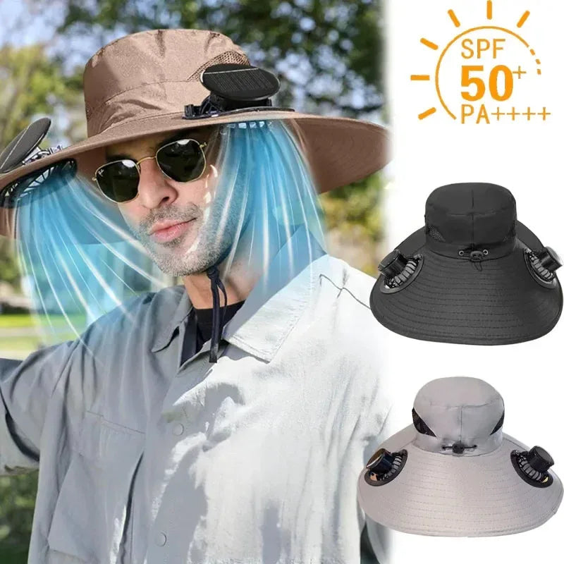 Outdoor Summer Sun Hat with 2 Fan Large Brim Windproof Strap Solar or USB Charging anti UV Sun Fishing Cap