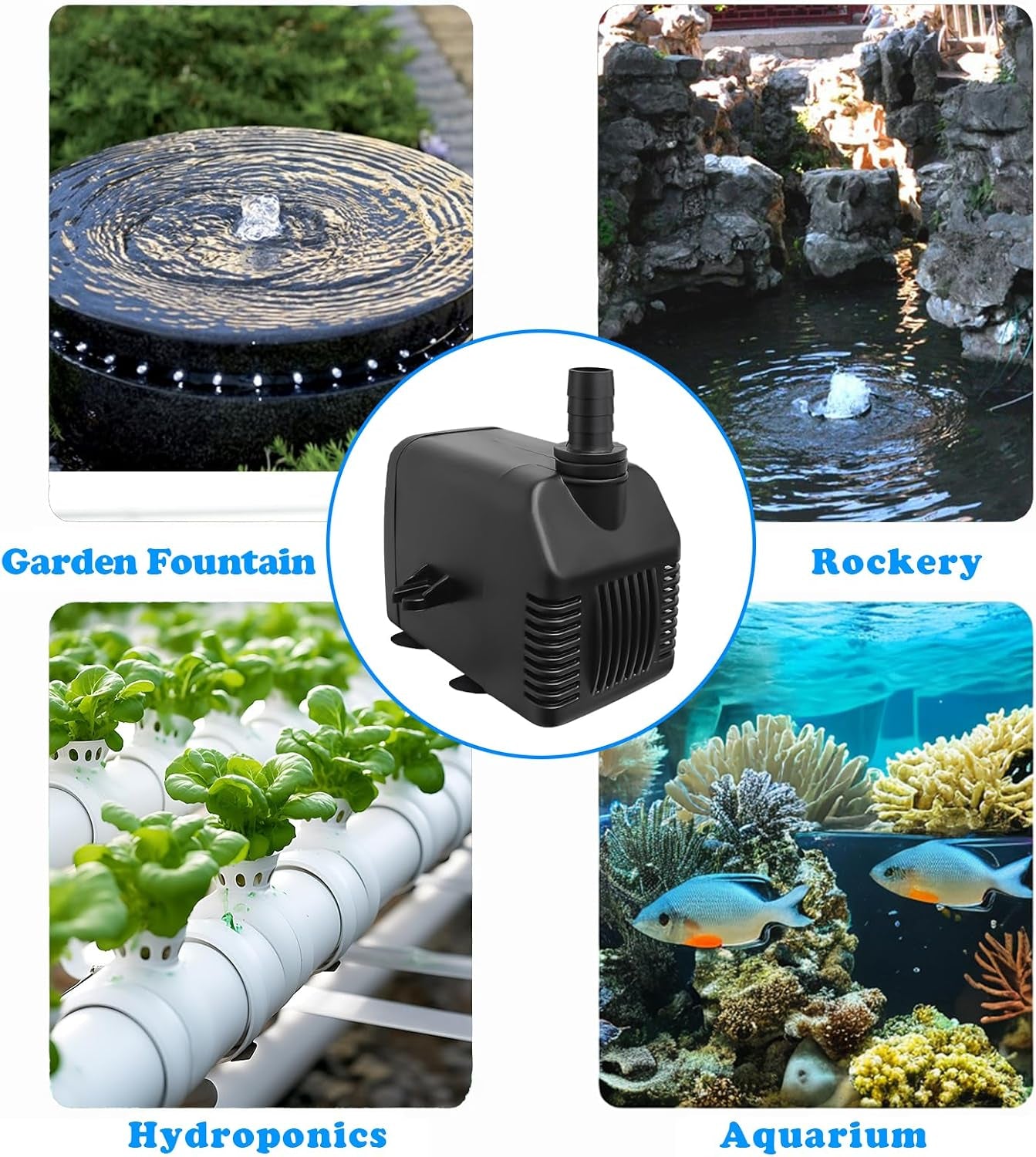 Pump 800GPH Ultra Quiet with Dry Burning Protection 8.8Ft High Lift for Fountains, Hydroponics, Ponds, Aquariums (800GPH,24W)