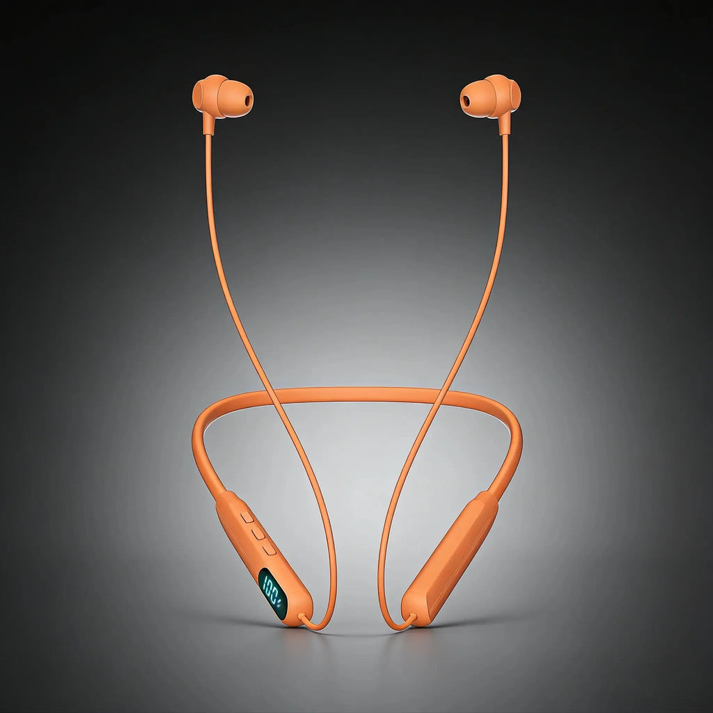 Orange Neckband Wireless Earbuds - IPX4 Sweatproof Silicone In-Ear Audio Headphones, Hi-Fi Sound, LED Battery Display, Magnetic Connection, Cable Management, ENC Noise Cancellation, Smart Voice Assistant for Sports & Hands-Free Calls, Electronic Headset,F