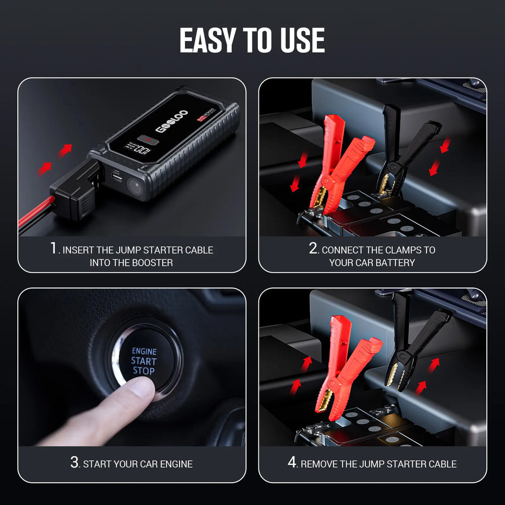 GOOLOO GE3000 Portable Car Jump Starter - 3000A Lithium Battery Booster for Gas Engines up to 8.5L and Diesel Engines up to 6L, Featuring Smart Charging Port and LED Light