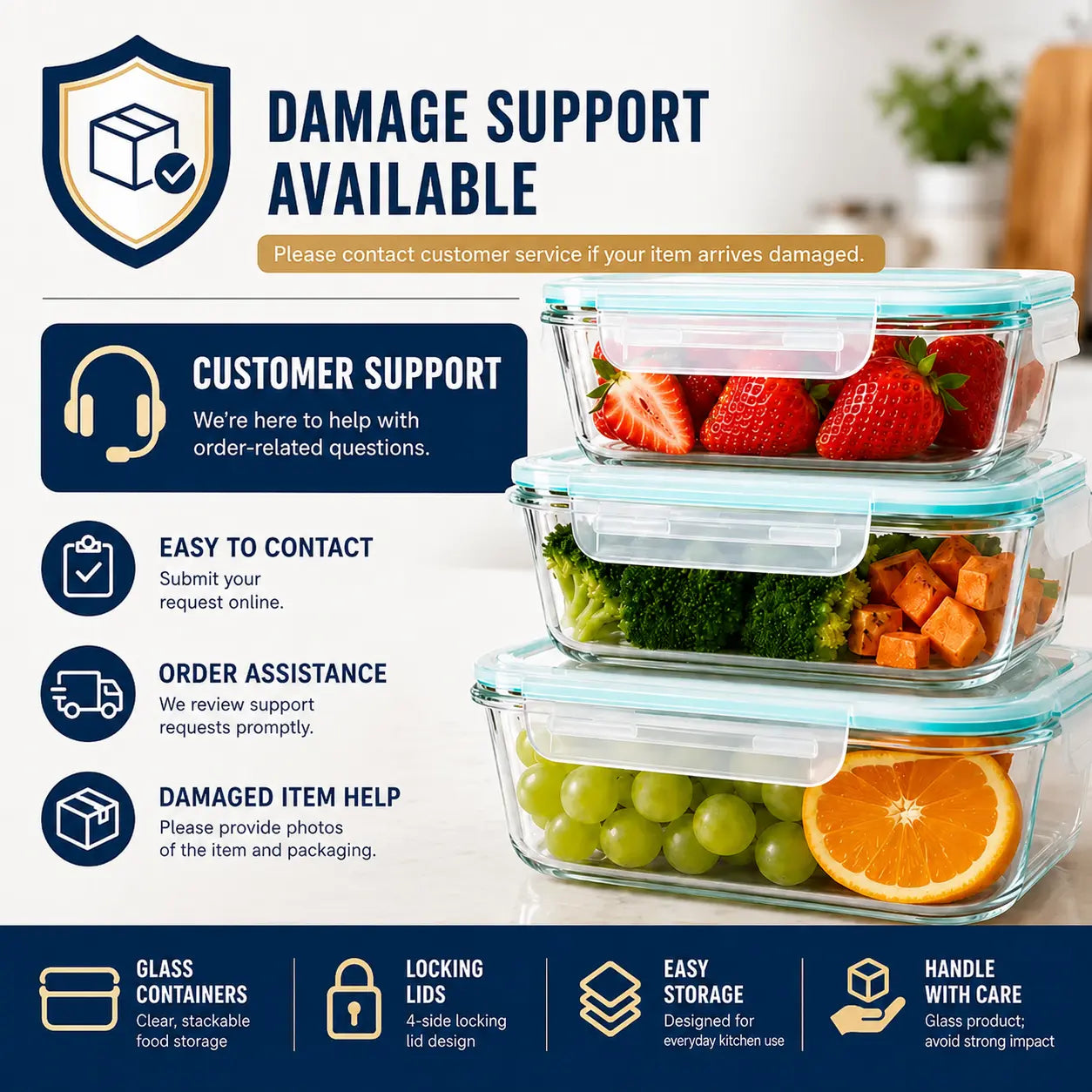 8-Piece Premium Glass Meal Prep Container Set with Dividers, Bpa-Free 4-Side Locking Lids, Stackable Food Storage Containers for Lunch, Leftovers and Refrigerator Organization Microwave Safe Oven Safe Dishwasher Safe