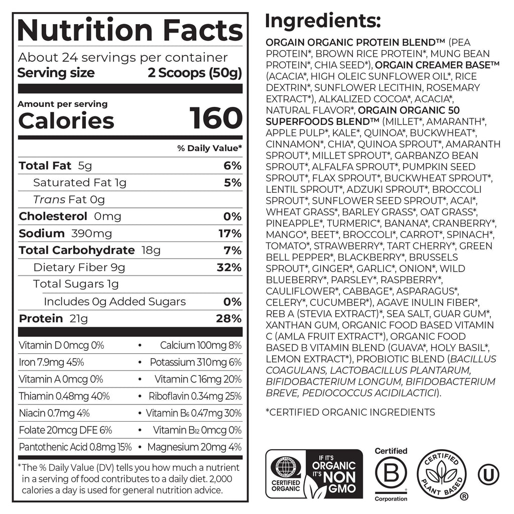 Organic Protein and Superfoods Plant Based Protein Powder, Creamy Chocolate Fudge, 2.64 Lbs