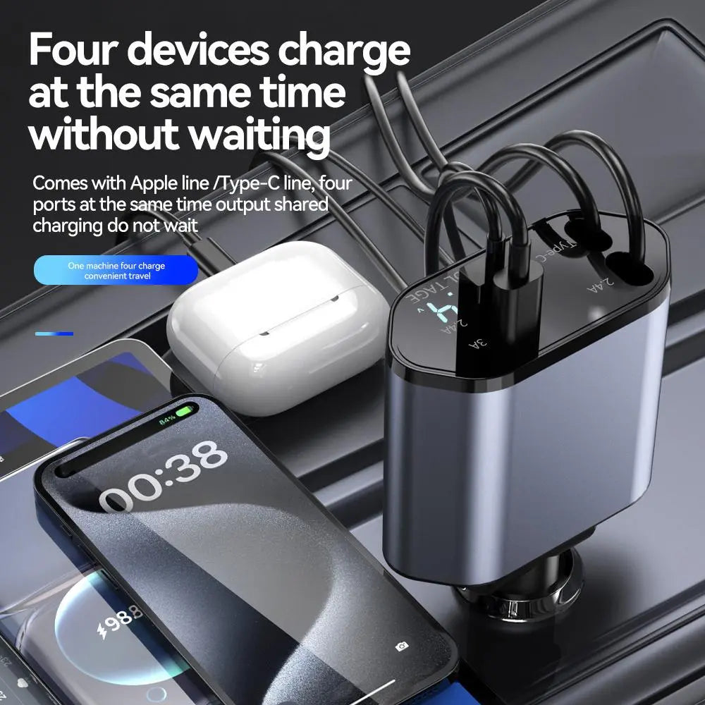 【Summer Survivals】Joytutus 2026 120W Retractable 4-In-1 Car Charging Cable & 4-Port Adapter for Iphone Galaxy Pixel Safe Reliable Car Plug Carcharger with Dual Type-C Cables and Ultra-Fast Charging for Laptops
