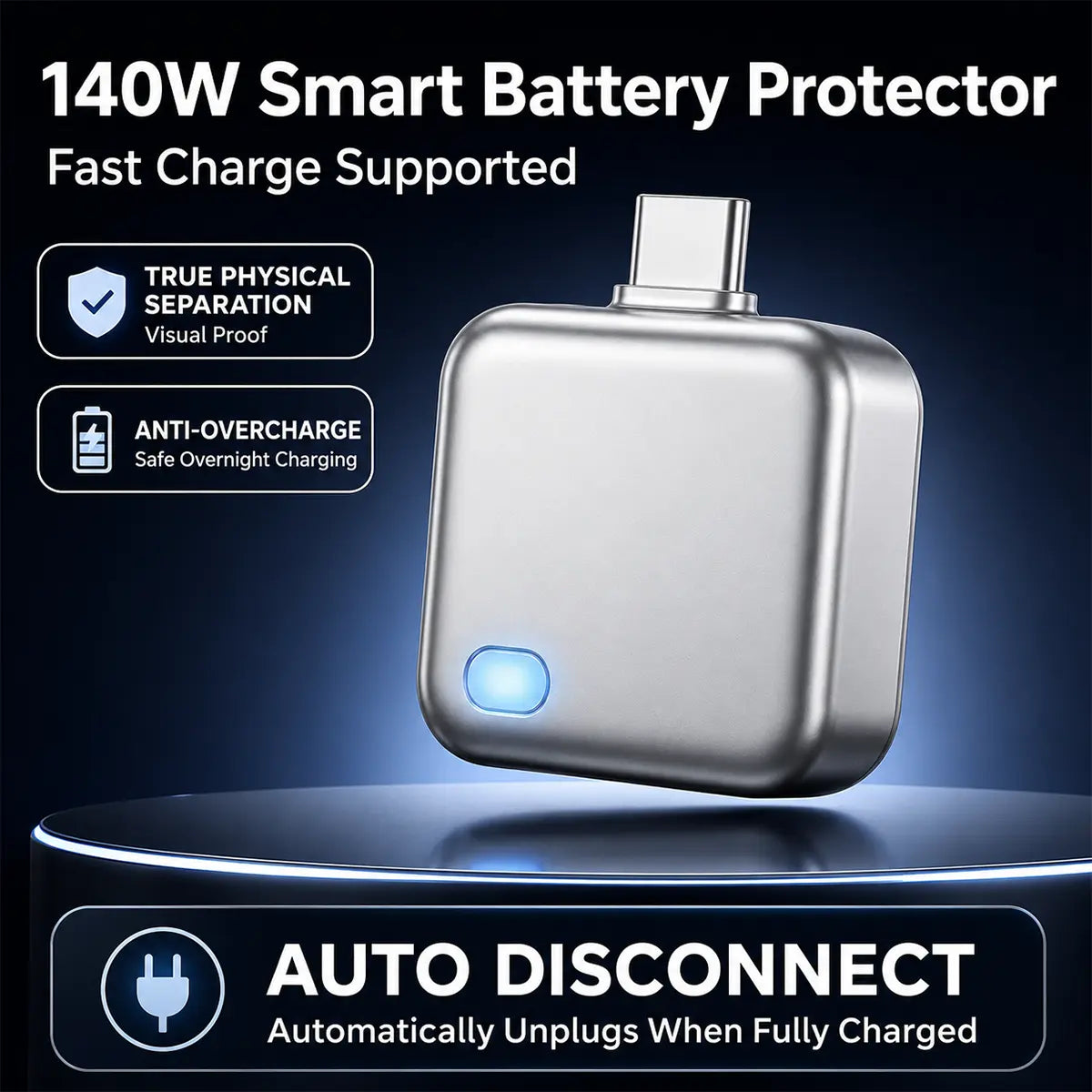 140W Type-C Physical-Disconnect Battery Guard - Auto & Self-Eject Charger, Smart Auto-Stop Charging Accessory for Mobile Smartphones, Laptops, Tablets, Anti-Overcharge Tech for Safe Overnight Use, Gift for Chargeable Devices