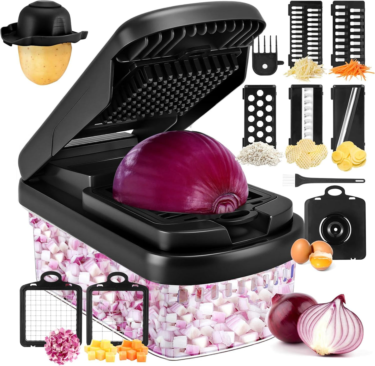 Vegetable Chopper, 12-In-1 Food Veggie Chopper Cutter with Container | 7 Sharp Blades Dice, Slice, Shred and Grate for Salads, Onions and Meal Prep, with a Non-Slip Base and Drain Basket