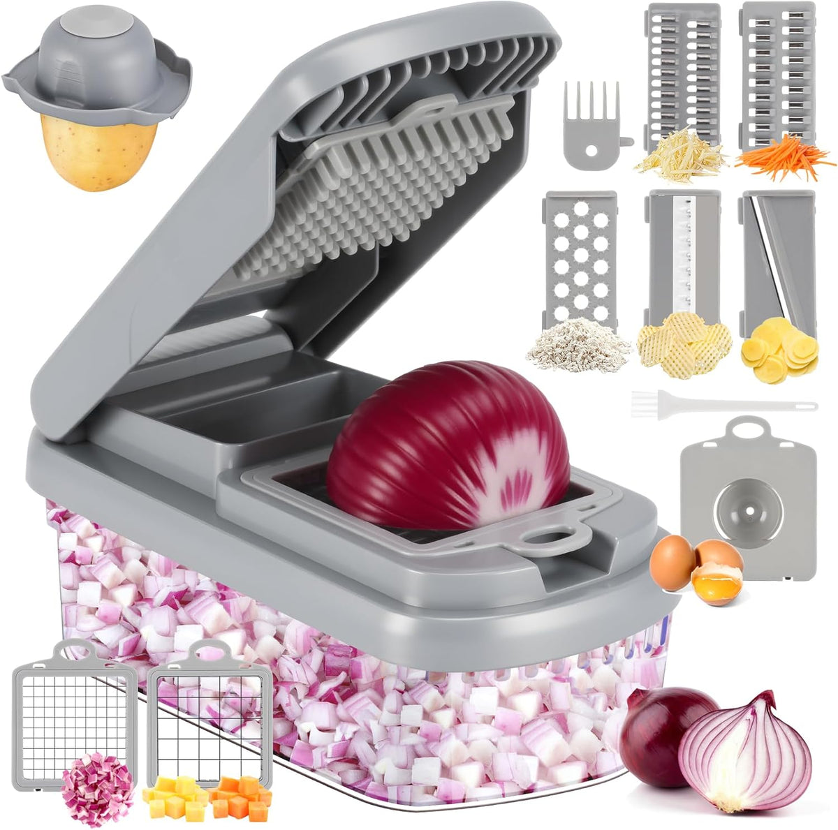 Vegetable Chopper, 12-In-1 Food Veggie Chopper Cutter with Container | 7 Sharp Blades Dice, Slice, Shred and Grate for Salads, Onions and Meal Prep, with a Non-Slip Base and Drain Basket