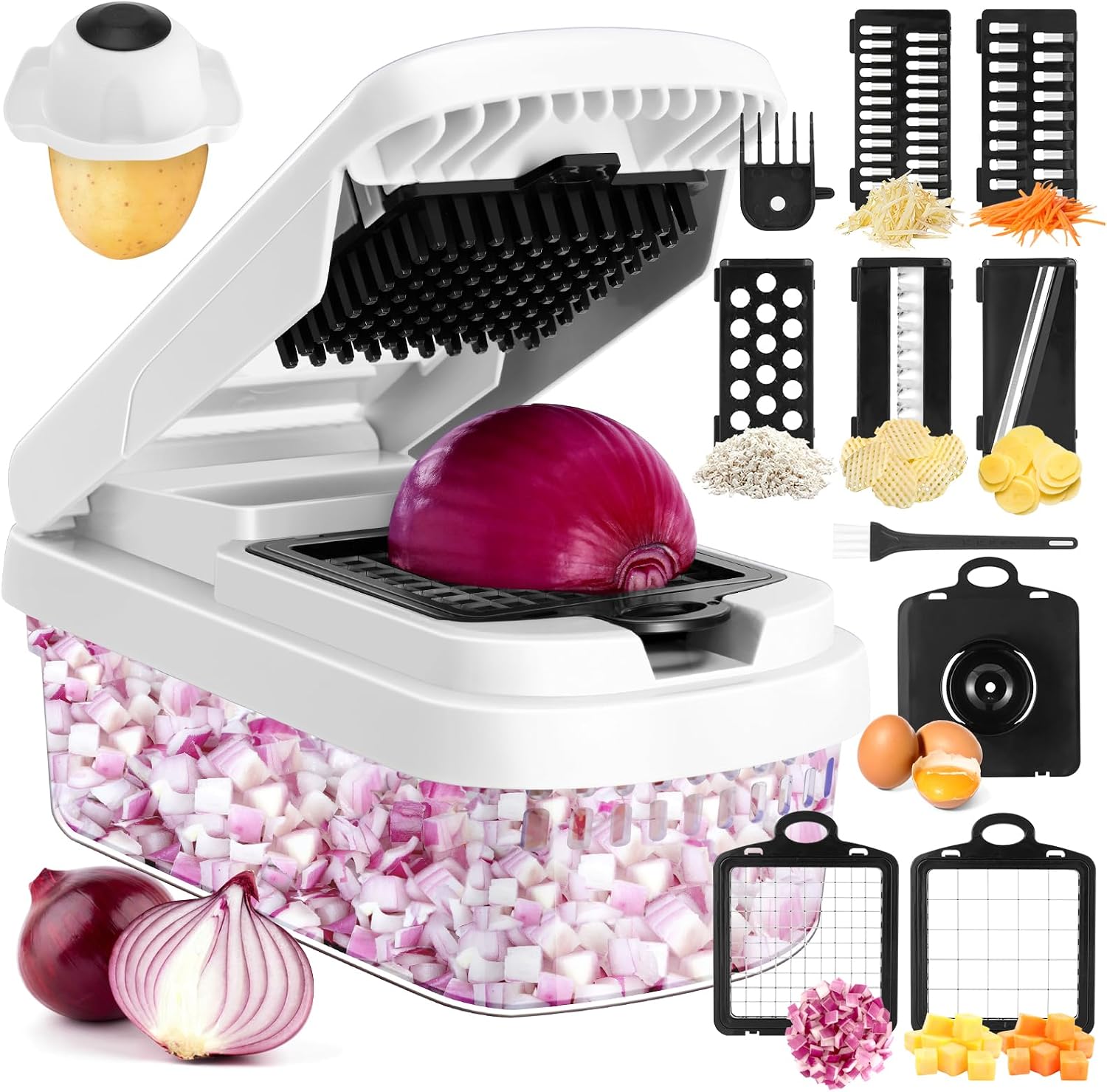 Vegetable Chopper, 12-In-1 Food Veggie Chopper Cutter with Container | 7 Sharp Blades Dice, Slice, Shred and Grate for Salads, Onions and Meal Prep, with a Non-Slip Base and Drain Basket
