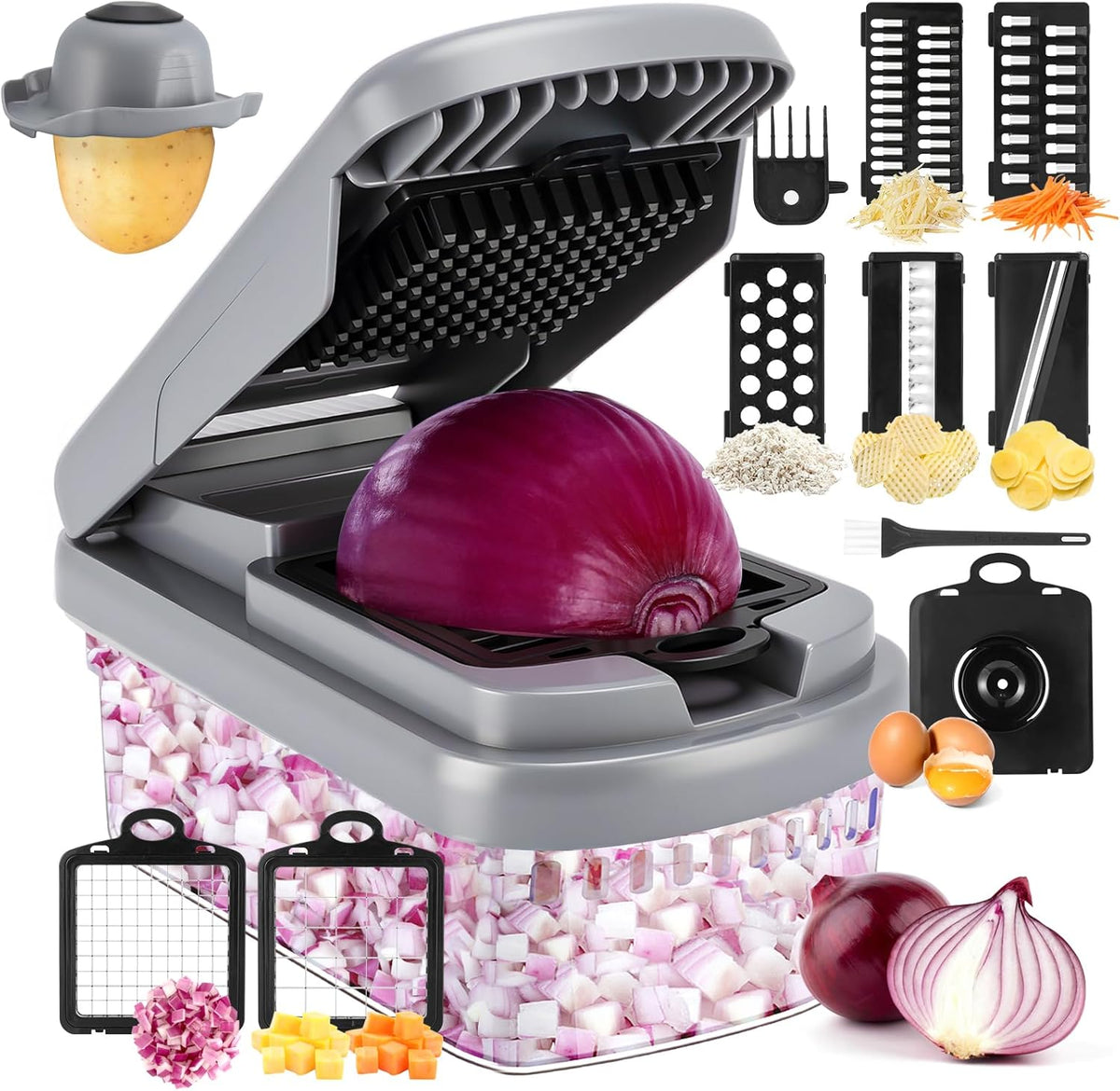 Vegetable Chopper, 12-In-1 Food Veggie Chopper Cutter with Container | 7 Sharp Blades Dice, Slice, Shred and Grate for Salads, Onions and Meal Prep, with a Non-Slip Base and Drain Basket