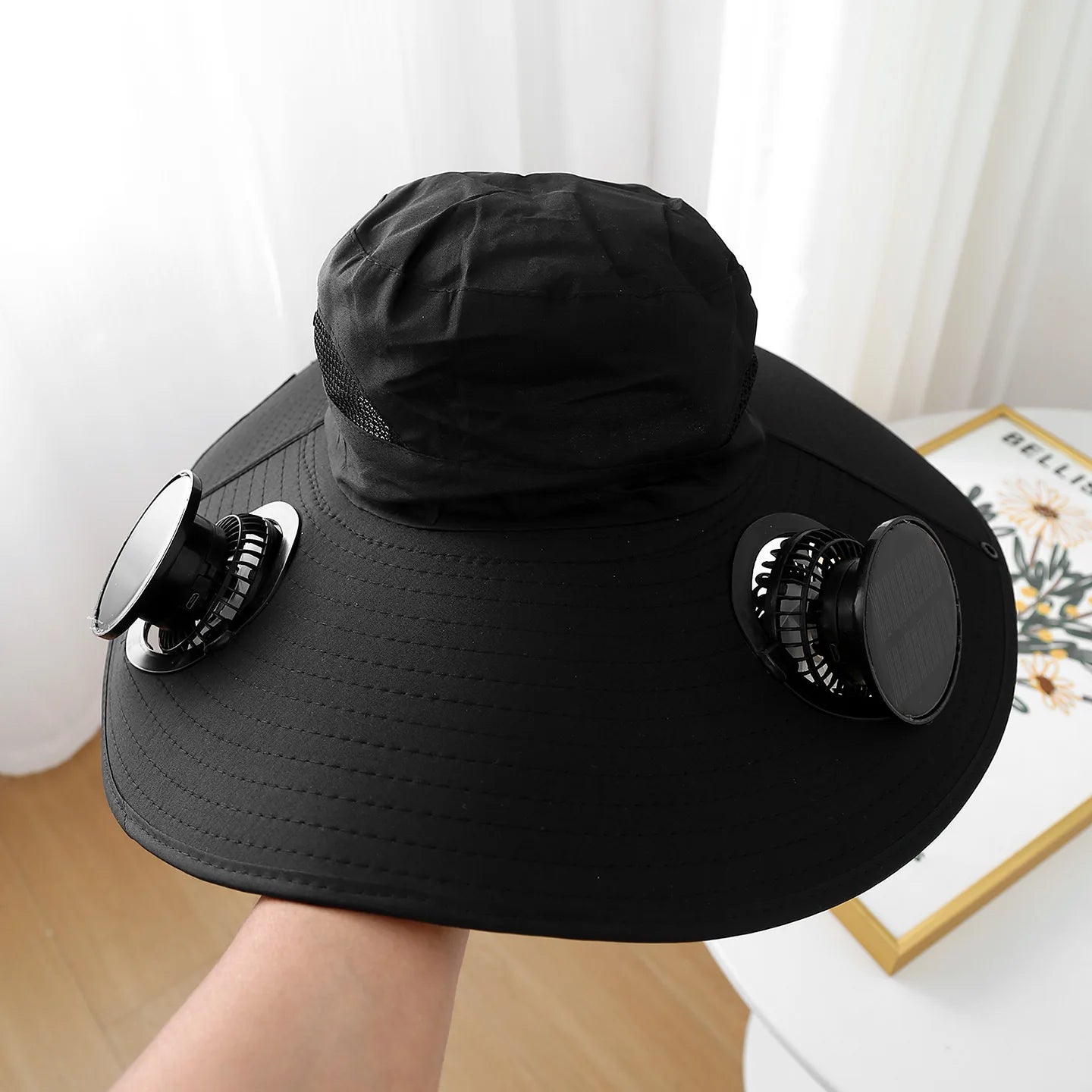Outdoor Summer Sun Hat with 2 Fan Large Brim Windproof Strap Solar or USB Charging anti UV Sun Fishing Cap