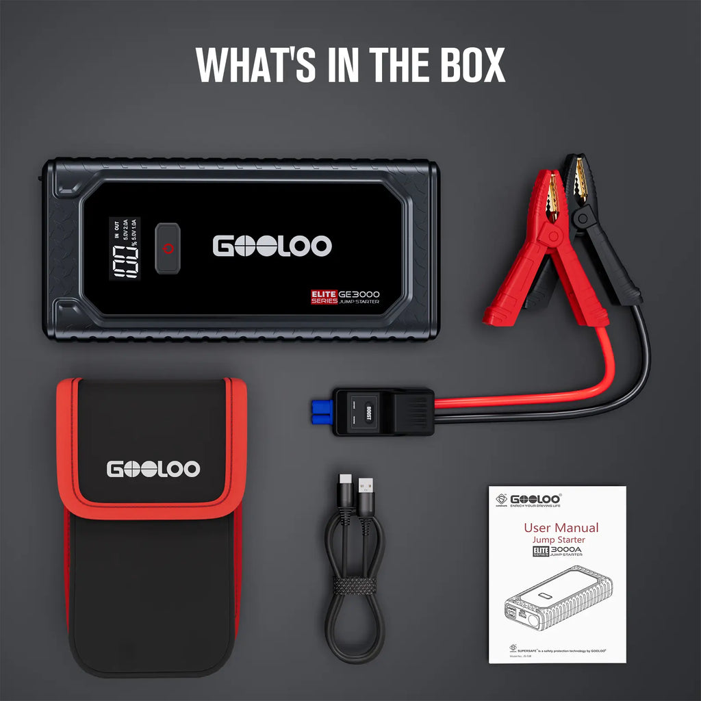 GOOLOO GE3000 Portable Car Jump Starter - 3000A Lithium Battery Booster for Gas Engines up to 8.5L and Diesel Engines up to 6L, Featuring Smart Charging Port and LED Light